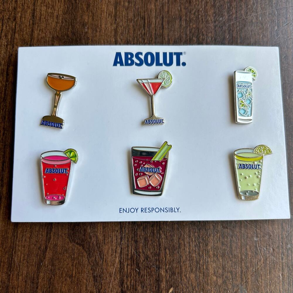 New! Absolut Vodka six enamel pins cocktails martinis and highballs